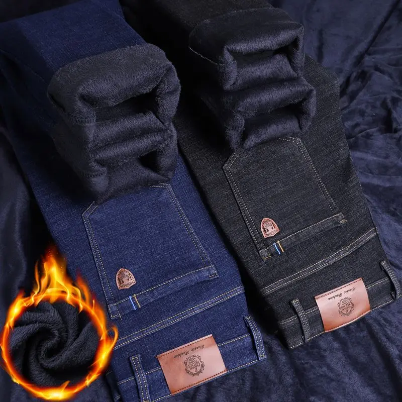 Men's Business Straight Leg Fleece Lined Jeans Autumn Winter Thick Slight Stretch Business Casual Denim Long Pants Black & Blue
