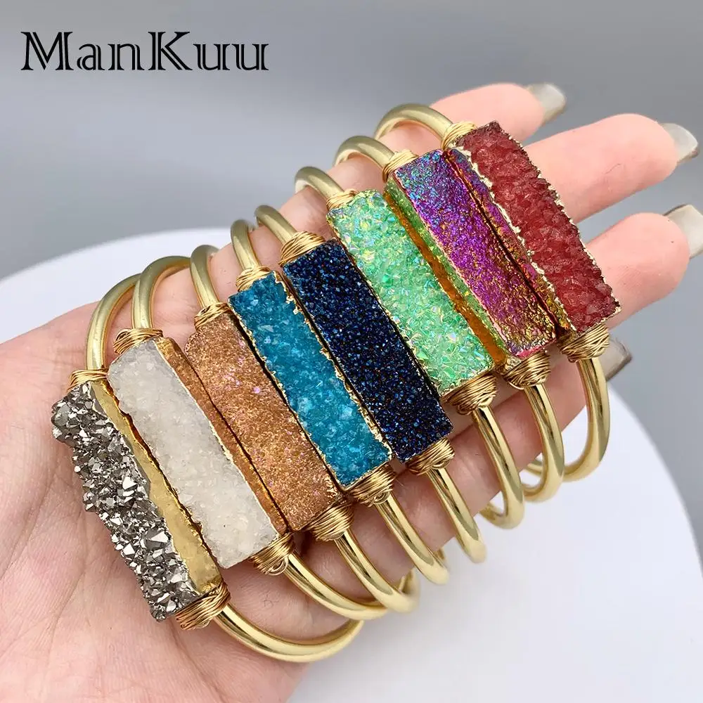 Mankuu Fashion Jewelry Rectangle Colorful Natural Shiny Druzy Crystal Stone Handmade Adjustable Bracelet For Women Gifts