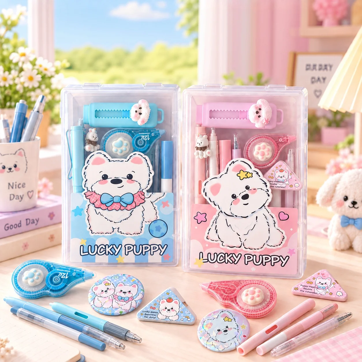10-Piece Set of Cute Lucky Puppy Acrylic Stationery Set for Primary and Secondary School Students, Learning Stationery Set, Class Reward Stationery, Party Favors, Includes Pencils, Gel Pens, Erasers, Greeting Cards, and Badges