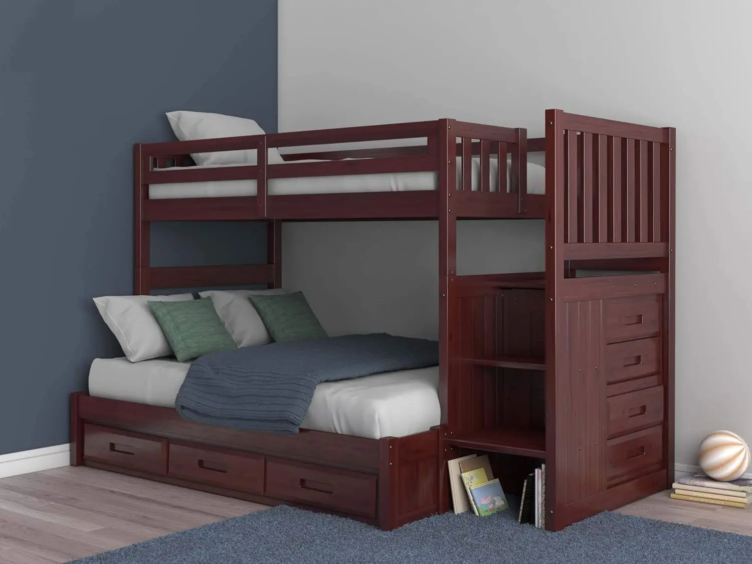 Mission Twin Over Full Staircase Bunk Bed With 3 Drawers In Merlot Finish