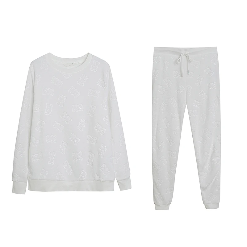 

Thickened White Embroidered Cartoon Home Clothes Set Soft Warm Sleepwear Pants round Neck Long Sleeve Cute Style