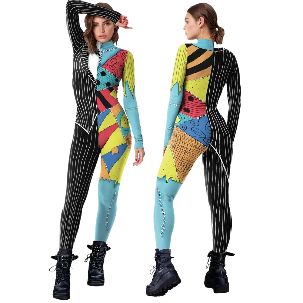 

Woman Costume Movie Performance Costumes Cosplay Halloween Zombies Jumpsuit Sally Print Party Outfit Sexy Zentai Bodysuit