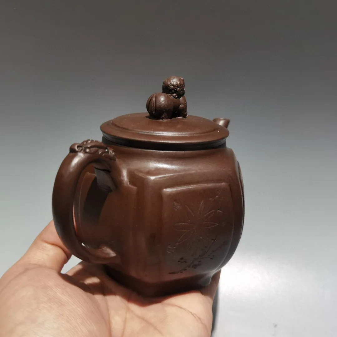

6"Chinese Yixing Purple Clay Teapot Kirin Statue Cover Floral pattern Six sided pot Kettle Teapot Flagon Amass wealth Ornaments