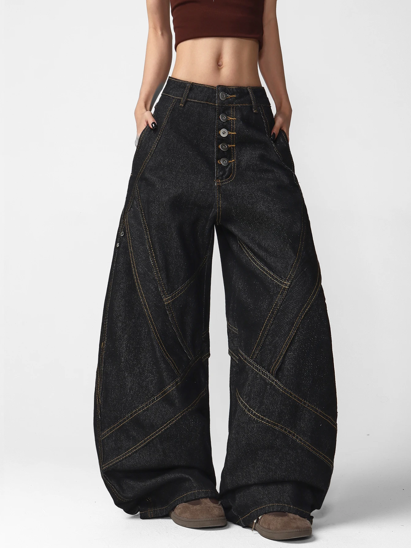 American Street Style Front Button Design Metal Nail Decoration Deconstructed Splicing Loose Wide Leg Black Jeans Female Model
