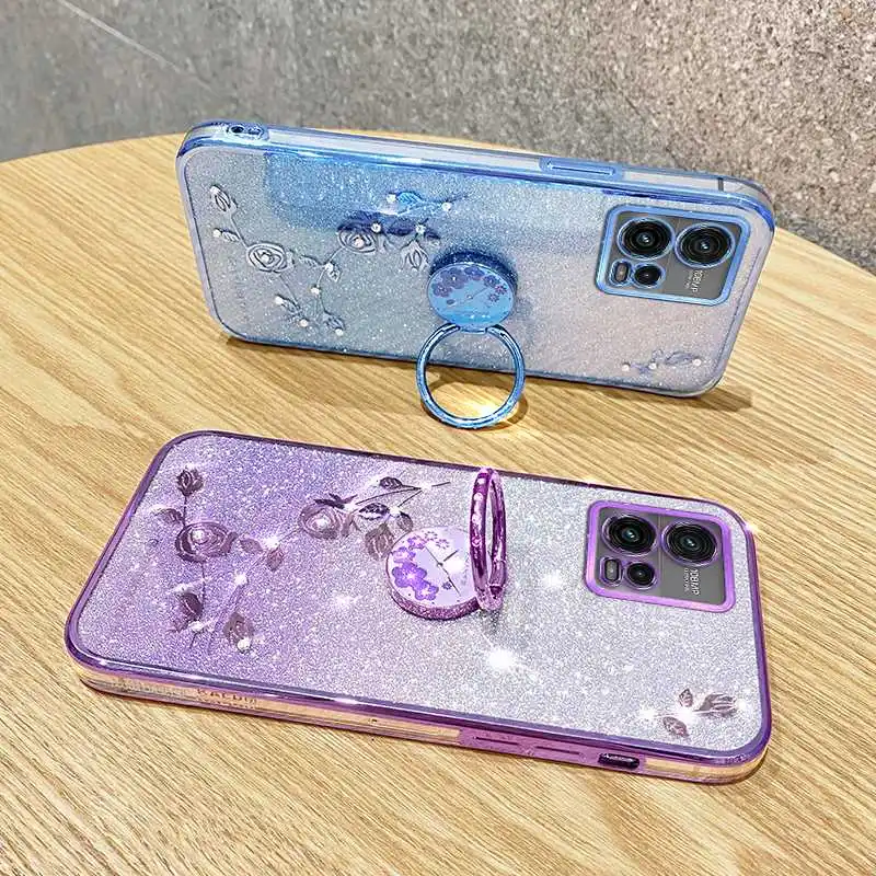 Floral Rhinestone Bling Soft Case For Motorola Moto G73 G53 G23 G13 G84 G82 G72 G71s G71 5G Flower Pattern Phone Case With Ring