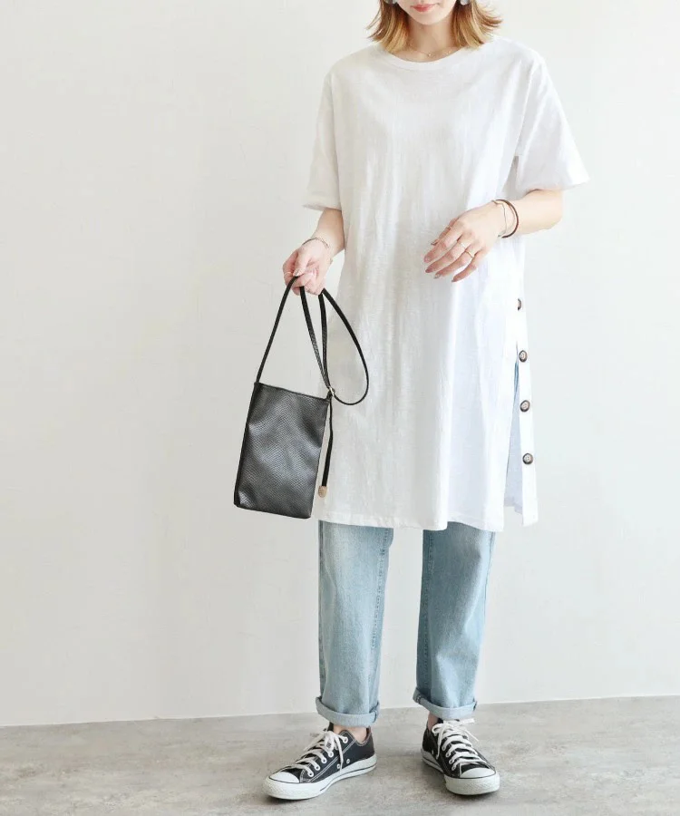 루즈핏 일본 스타일 티셔츠, 버튼업 코튼 린넨 미디 드레스, 사이드 슬릿, 클래식 라운드넥 여름 드레스