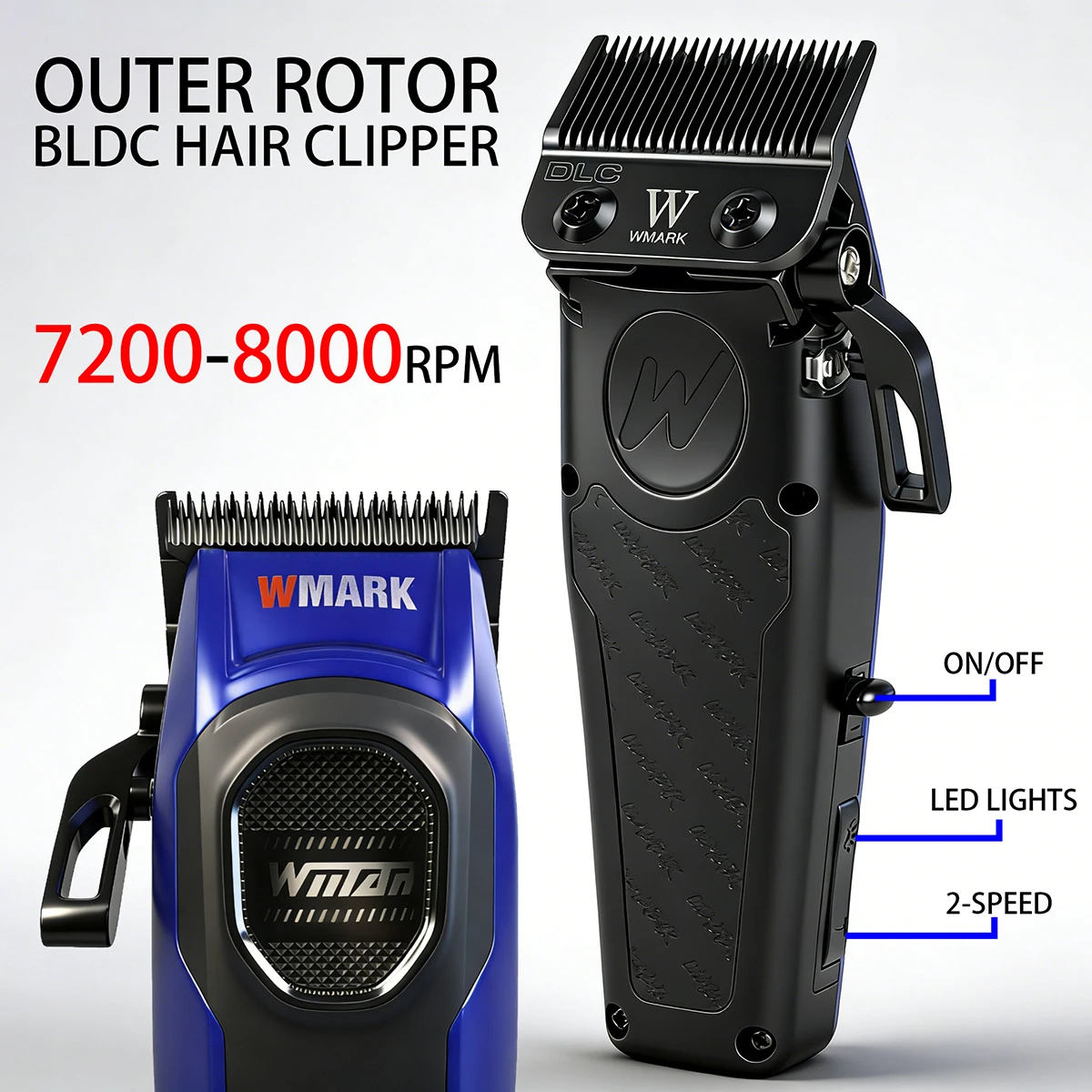 Outer Rotor BLDC Motor Professional Electric Hair Clipper DLC Blade 2-speed 8000RPM Metal Casing LED Lights Hair Trimmer for Man
