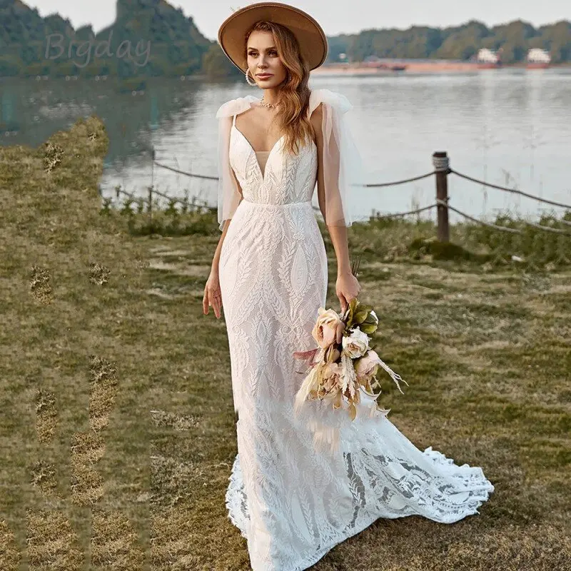 Vestido De Novia De sirena bohemio para mujer, escote Corazón, espalda abierta, encaje, tirantes finos, tren De barrido, blanco