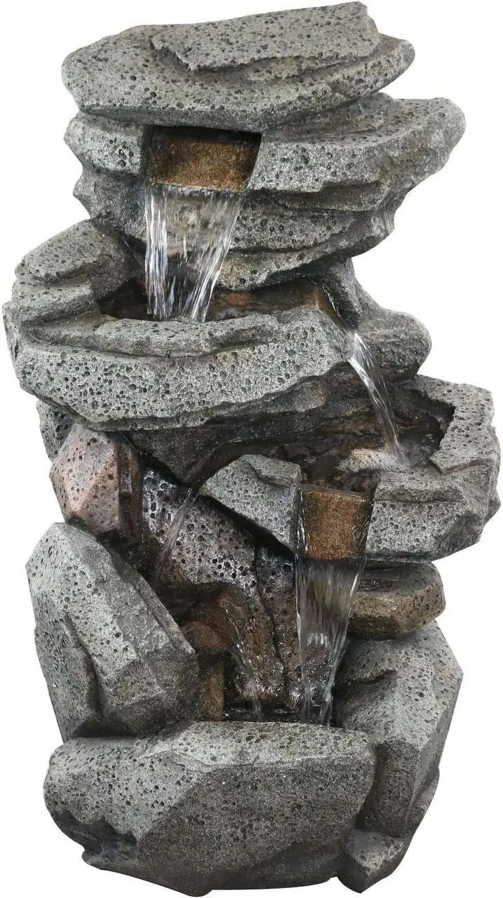 

Outdoor Floor 5-Tiered Rock Waterfall Fountain with LED Lights with Natural Stone Look, 40", H-3-Tier