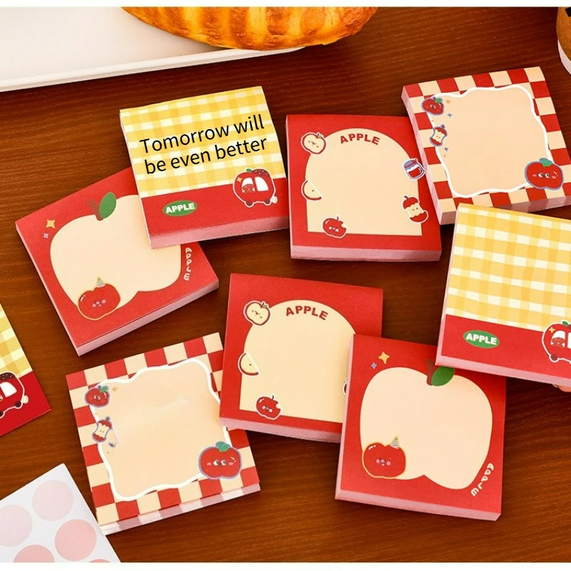 Cute Red Apple Pattern Sticky Notes Kawaii Grid Design Self Stick Memo Sheets Decorative Scrapbook Notepad for Girls Office