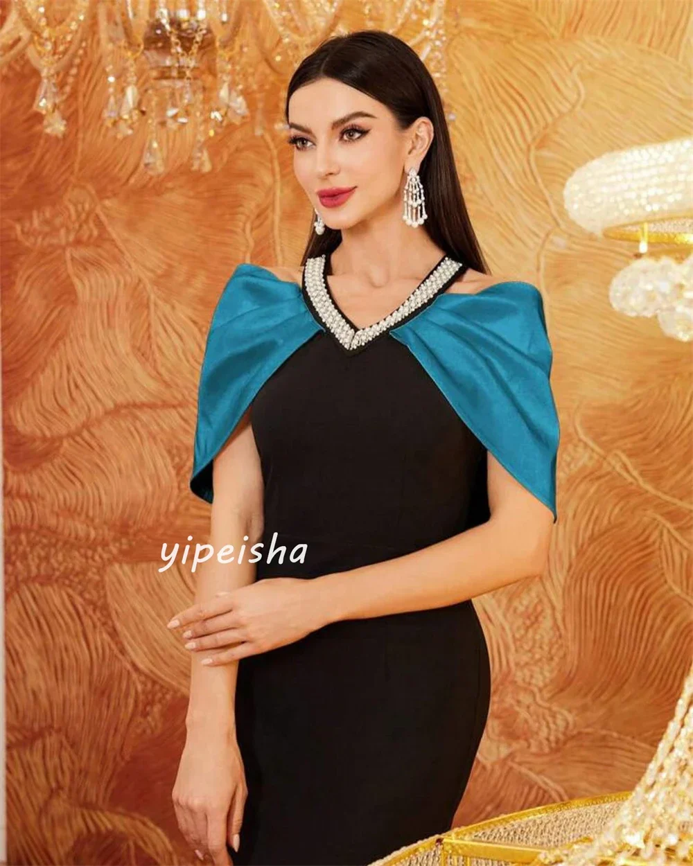 Customized Jersey Rhinestone Cocktail Party A-line Off-the-shoulder Bespoke Occasion Gown Midi Dresses