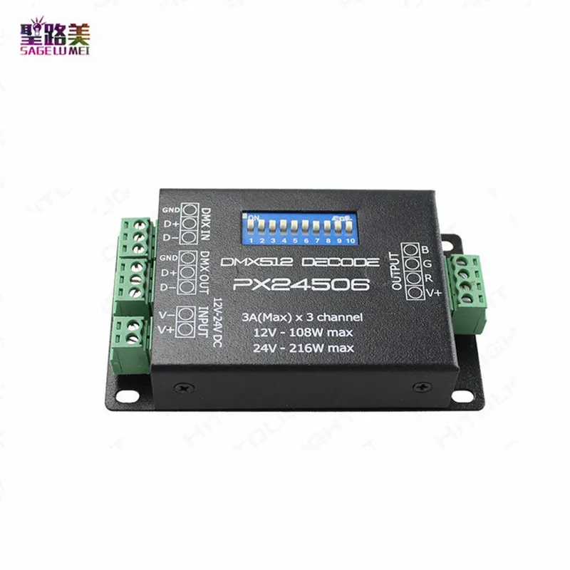 PX24506 DMX 512 Decoder Driver DMX 3CH X 3A Amplifier 108W-216W12V 24V DC LED DMX512 Controller For RGB LED Strip Lights Tape