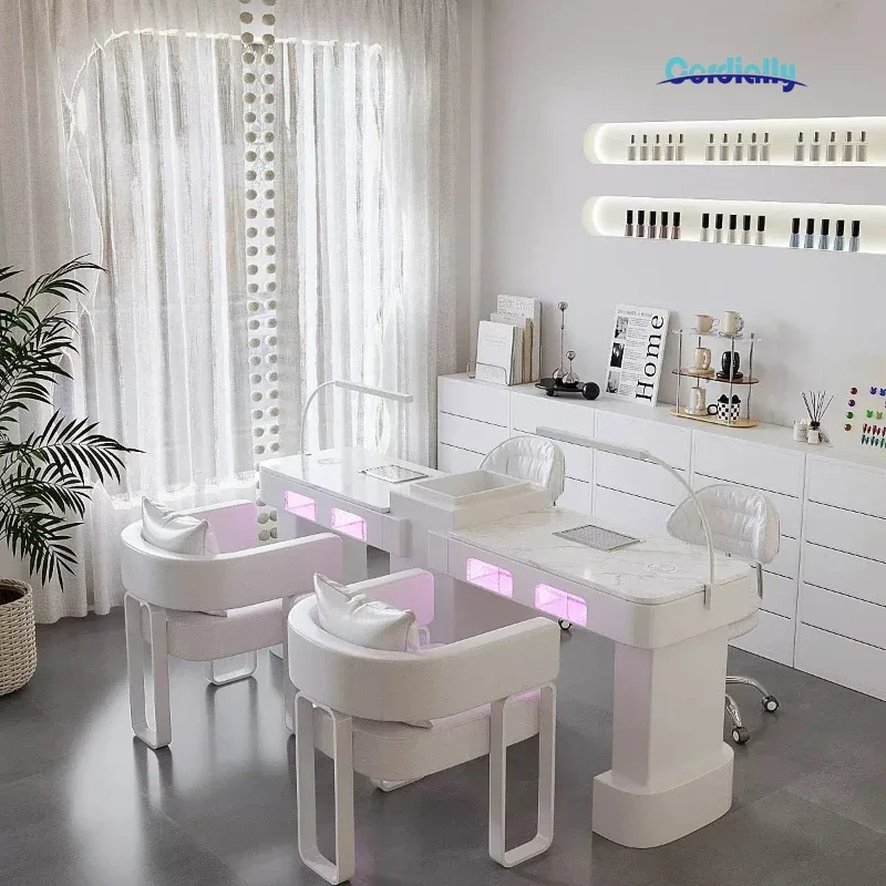 Luxury White Modern Nail Salon Manicure Desk Integrated Dust Collector LED UV Curing Lamp Work Table Furniture