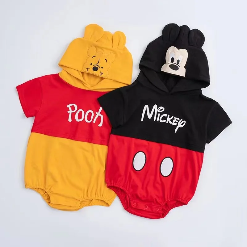 Summer Baby Boys Romper Cartoon Mickey Mouse Winnie Pooh Print Short Sleeve Hoodies Jumpsuit Pajamas Newborn Girl Clothes Outfit