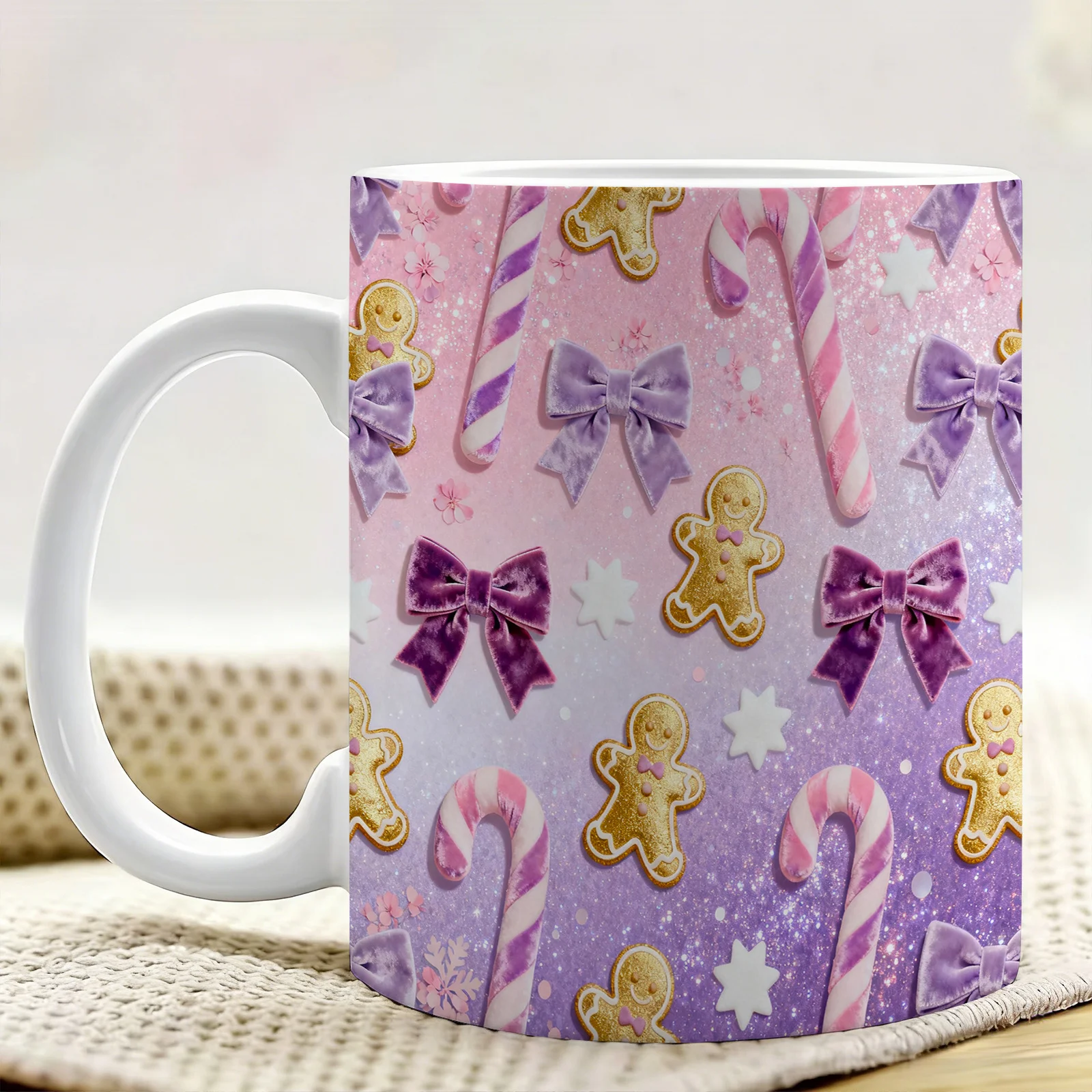 1pc Pastel Christmas Elements Ceramic Coffee Mug with Double-Sided Pattern Design, Reusable, Easy to Hand Wash, 11Oz Stylish Cup, Home Decor, Office Water Cup, Ideal Gift for Friends