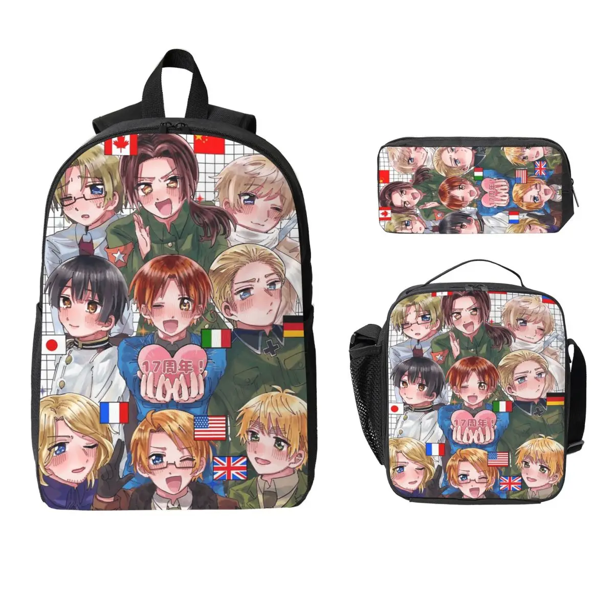 Hetalia Group World Stars Backpack Student Boy Girls BookBag School Bag Laptop Shoulder Bags 3ps Insulated Lunch Bag Pencil Case