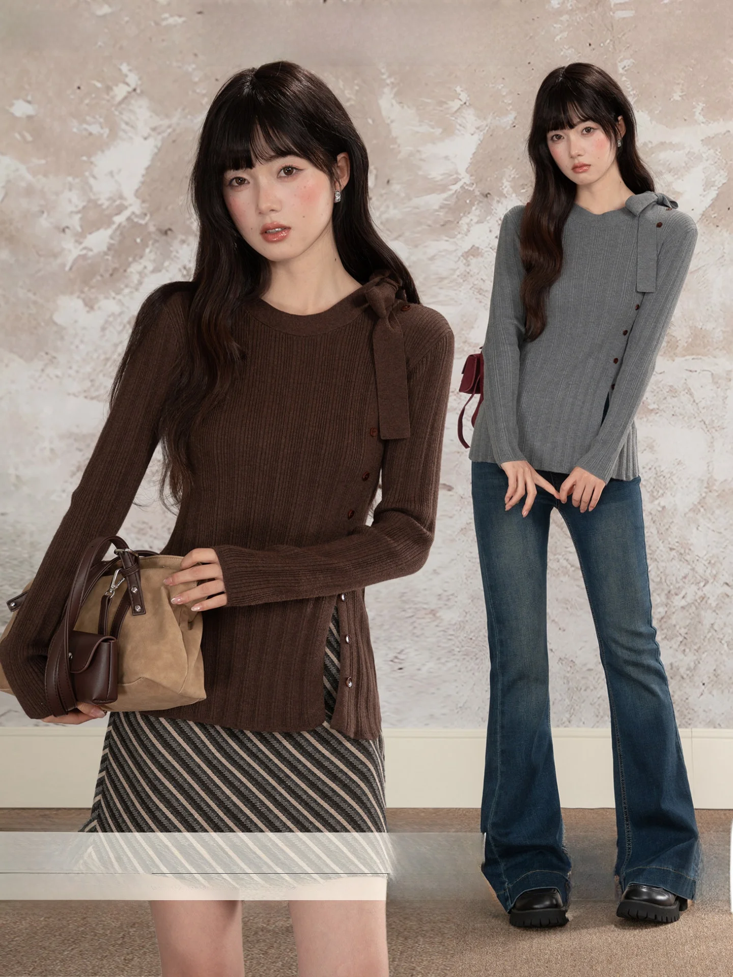 

Loveheynew Women's Knitted Top with Bow Design Slimming Split Autumn Winter Faion Ele Sle round Ne ort Sve