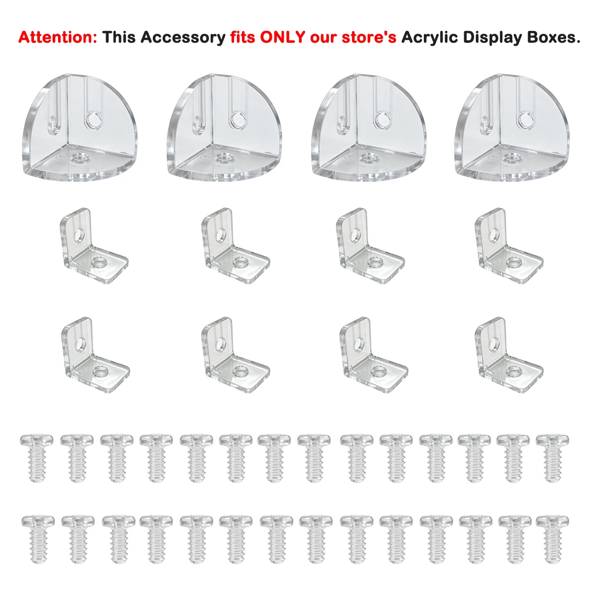 Acrylic Display Box Assembly Kit – Corner Brackets, L-Connectors & Screws (Exclusive Fit for Our Store’s Boxes)