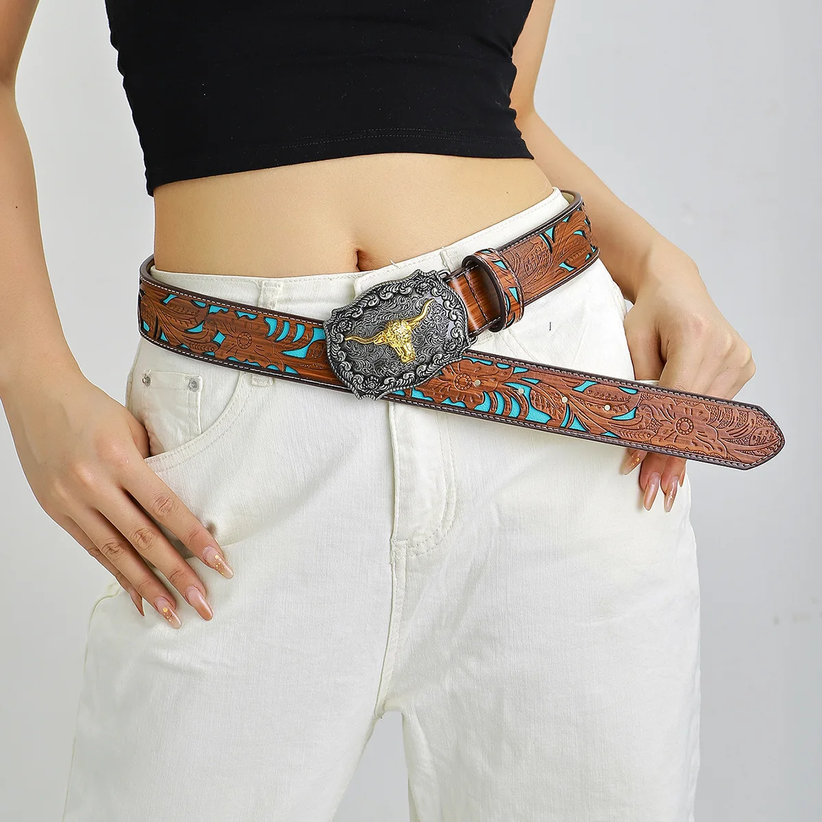 

Уникальный дизайн, джинсовые ремни с металлической пряжкой и головой быка, корсет для женщин, винтажные тисненые полые поясные ремни из искусственной кожи, ремни в стиле панк