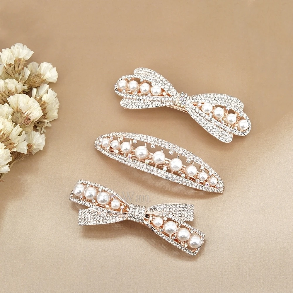 Women's White Hair Clip Korean Version Simulated Pearl Spring Hairpin Bow Hair Accessories Hollow Rhinestone Bride Headpiece 