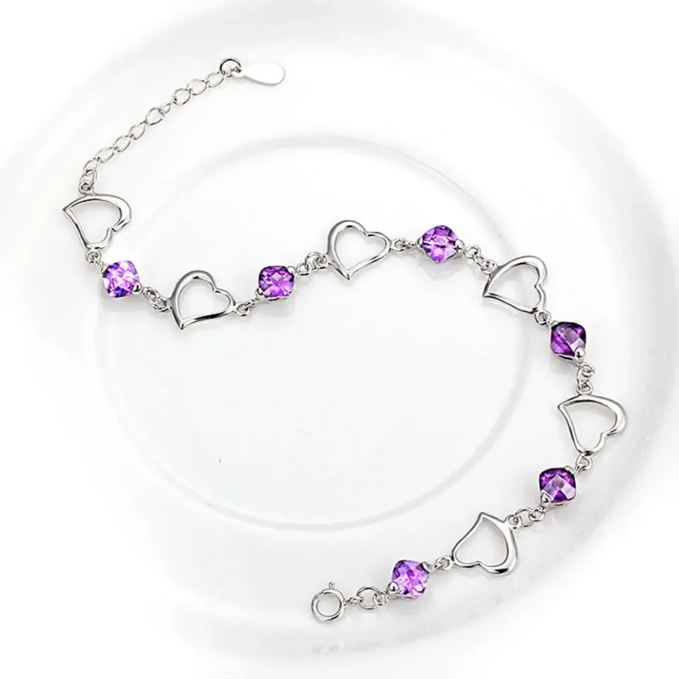 KCRLP-Pulseira Nobre 925 de Prata Esterlina para Mulheres, Pulseira Zircão Cristal Roxo Coração, Jóias Festa de Noivado