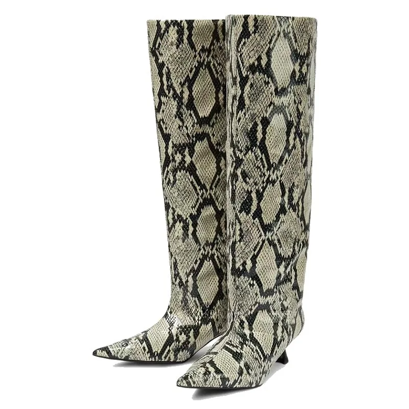 Brand Snake Pattern Low Heel Women's Knee Long Boots Fashion Stage Show Black Sexy Autumn and Winter Women's Shoes Size 34-43