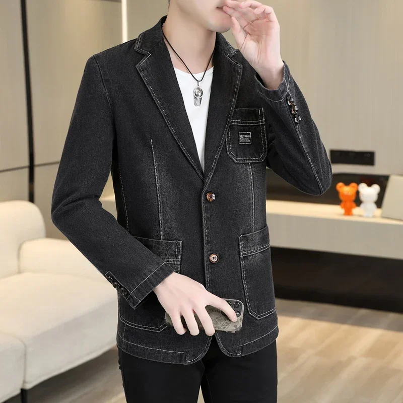 

Boutique Men's New Fashion Business Casual Slim Gentleman Korean Version of Solid Color Trend Denim Lapel Youth Trend Blazer