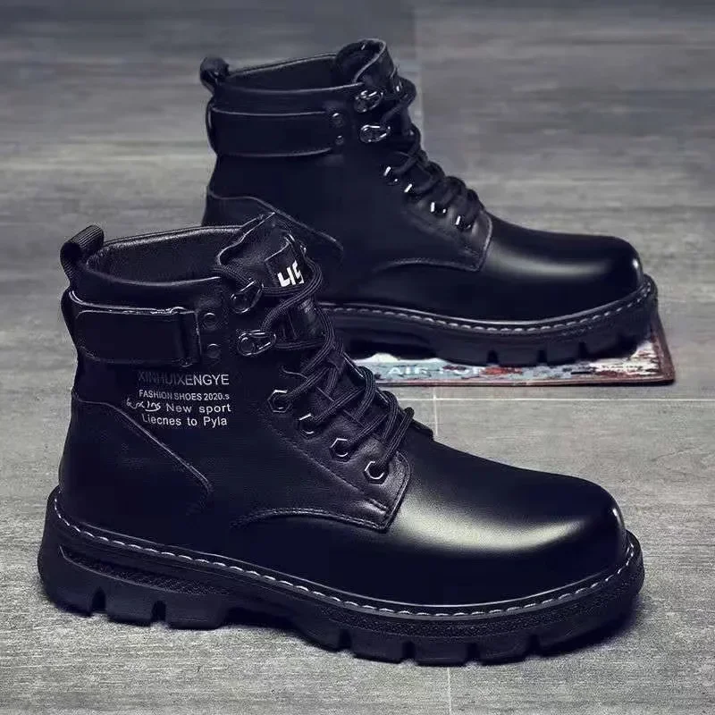 Winter Men\'s High Top Boots Trendy Black Motorcycle Boots Outdoor Warm Platform Boots Men Lace-up Leather Boots Bota Masculina