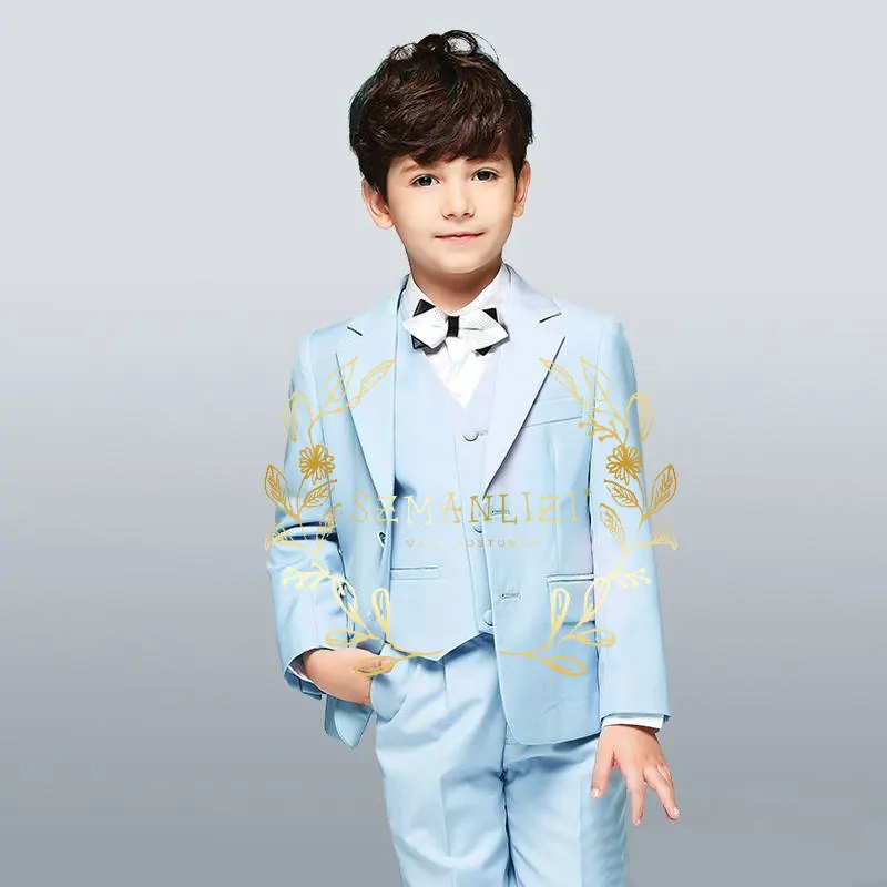 

2023 New Arrival Formal Design Boys Attire Light Blue Kids Wedding Suits Custom Made 3 Pieces Set Prom Suits (Jacket+Pants+Vest)