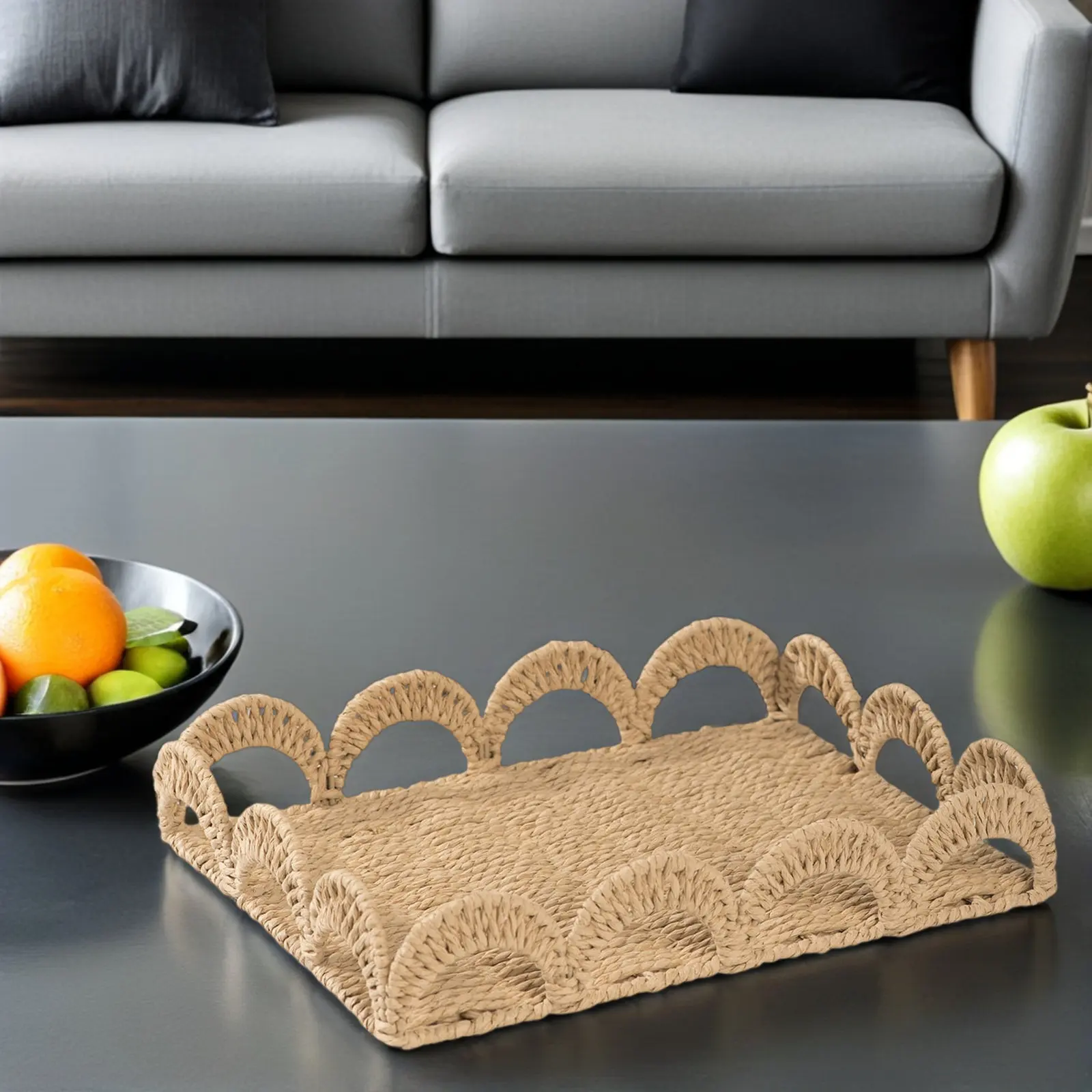 

Плетеная корзина для хранения из бумажной веревки с фестончатым краем, декоративный поднос ручной работы для кофейного столика, спальни, гостиной, полки, органайзер для хранения