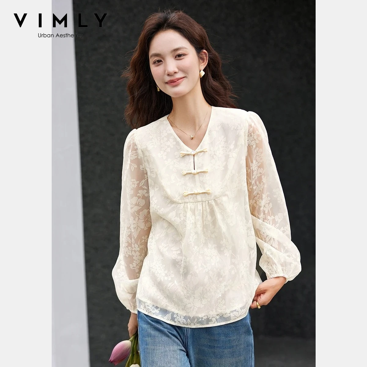 

VIMLY шифоновая блузка в китайском стиле, женская осень 2023, новые рубашки с v-образным вырезом, свободные женские топы с пышными рукавами и цветочной вышивкой A2958