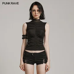 PUNK RAVE Women's Gothic Pleats Skeleton Shape Tee Slim Fitting Mesh Neckline Sexy Black Vest Tops Women Clothes Summer