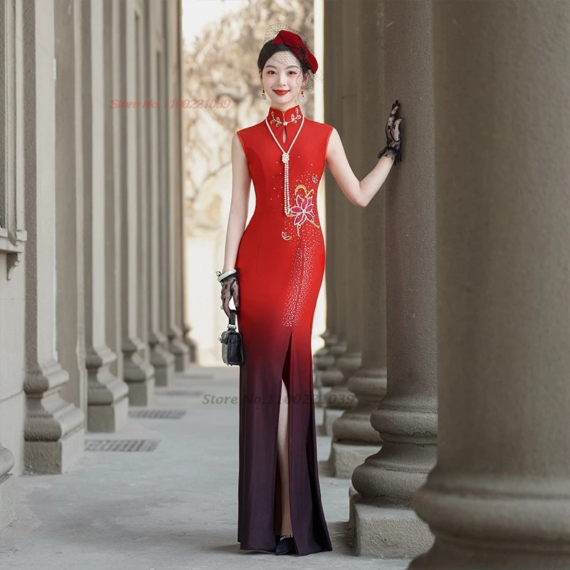 

2025 traditional gradient color formal dress chinese improved qipao stage performance sleeveless cheongsam banquet evening dress
