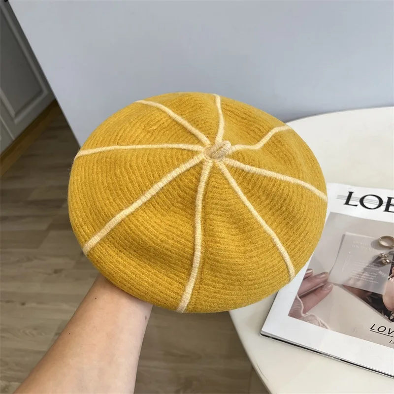 Neue Herbst Winter Baskenmütze Hut Für Frauen Achteckige Kappe Designer Top Qualität Wolle Weiche Warme Gestreiften Beste Abgestimmt Künstler Hut Geschenk – Detail 11