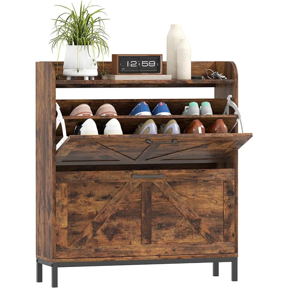 

Shoe Storage Cabinet with 2 Flip Drawers, Legs, Farmhouse Freestanding Narrow Shoe Cabinet, Slim Hidden Rack Organizer for Entr