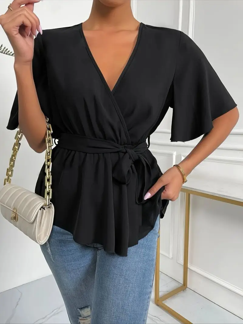 V-neck fly sleeve waist cinched top with women's strap design, lotus leaf swing, loose fitting and meat blocking temperament sma