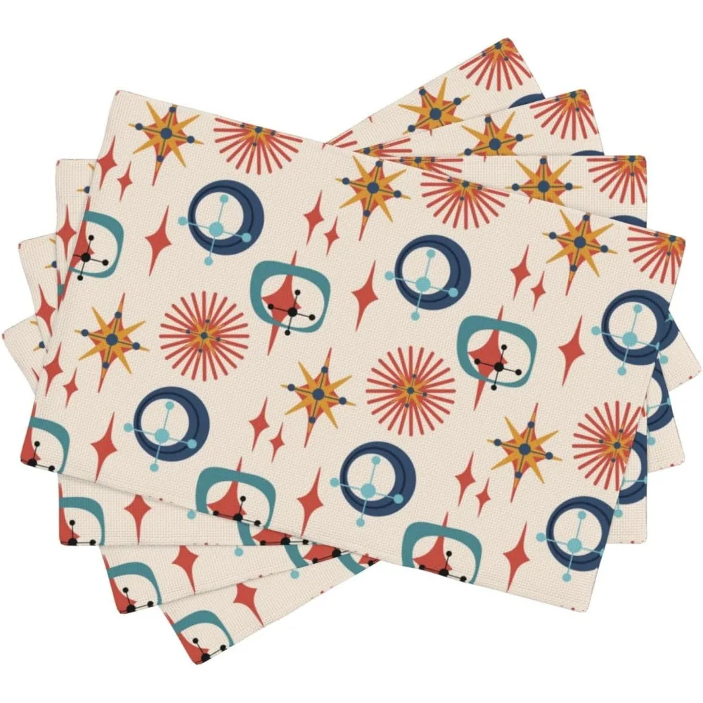 Mid Century Modern Place Mats Set Of 4 Abstract Style Colorful Geometric Atomic Star Linen Placemats For Kitchen Dining Room