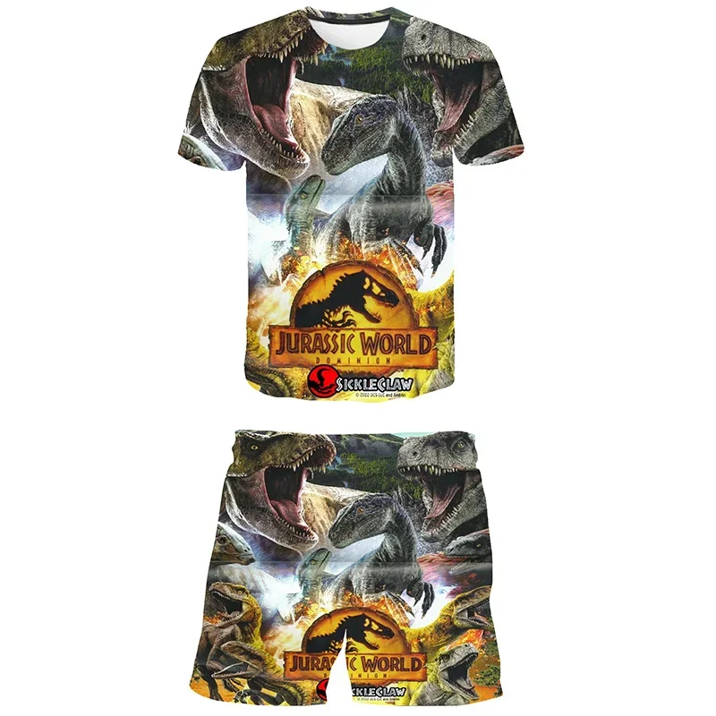 Summer Kids Jurassic World Dominion Set Boy Girl Cartoon Casual Short-sleeved T Shirts Shorts 2pcs Suit Children 1-14 Yrs Outfit