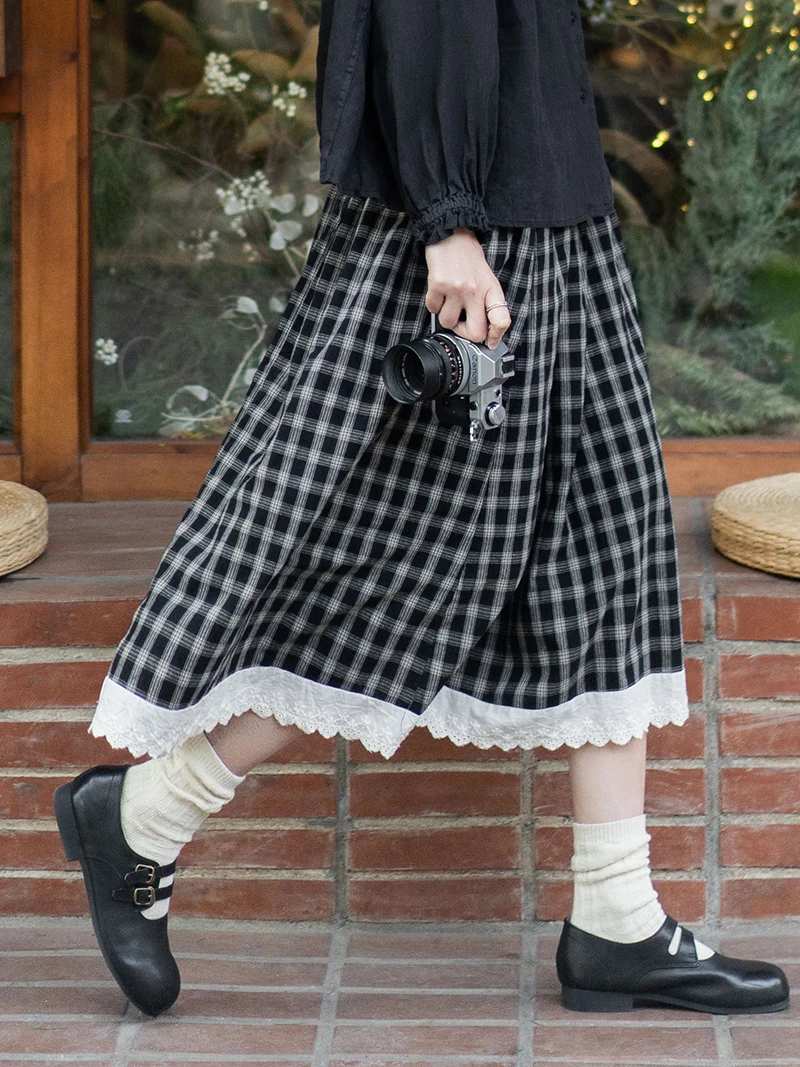 Harajuku Plaid Long Skirts Women Japanese Vintage Lace Preppy High Waist A Line Midi Skirt Korean Fashion Casual Female Faldas