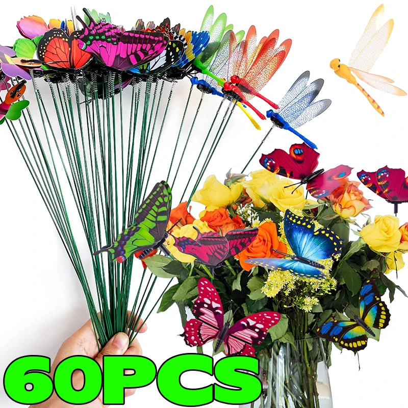 

10/60PCS Dragonfly Stakes 3D Simulation Butterfly Insert Rods Yard Plant Lawn Decor Garden Colorful Butterfly Stake Decoration