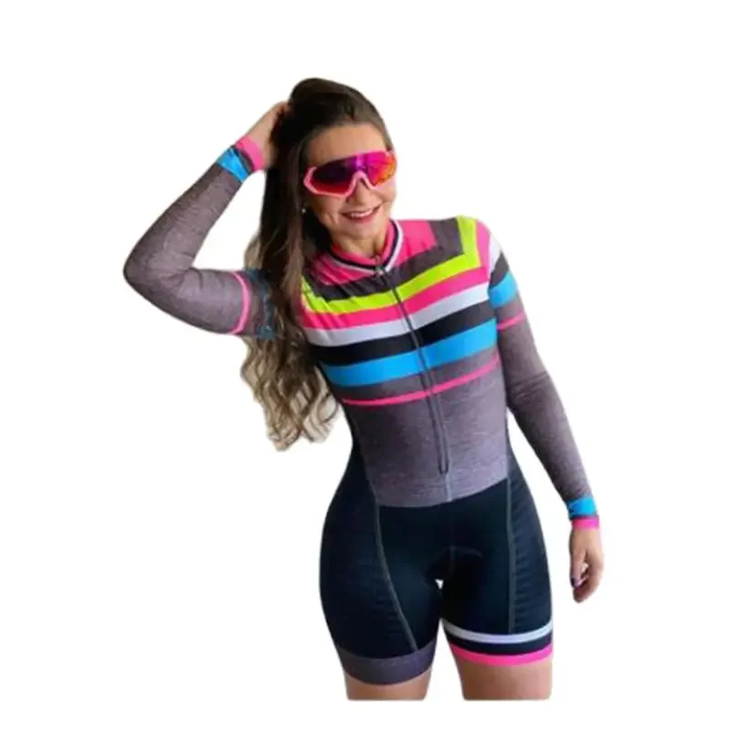 Women\'s Pro Team Triathlon Suit Cycling Jersey Sets Pink Long Sleeve Skinsuit One Piece Jumpsuit Speedsuit