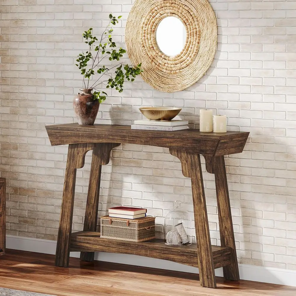 طاولة كونسول على طراز المزرعة 41.3 باللون البني الريفي مع مساحة تخزين من طبقتين، مثالية للمدخل الصغيرة والمساحات المعيشة #3
