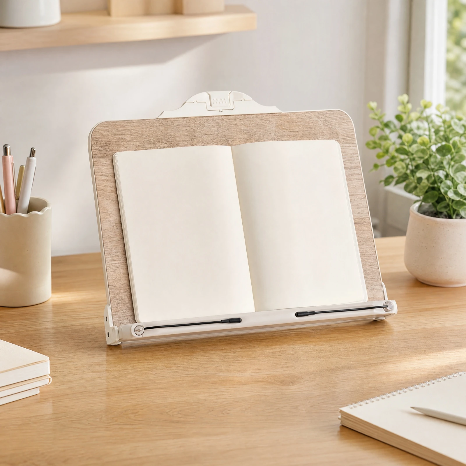 Desk Reading Stand with Phone Holder Compact Foldable Reading Stand with Page Clips No-Assembly Book Rest with Front Ledge