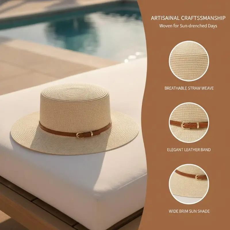Stroh-Boater-Sonnenhut mit UV-Schutz und verstellbarem Lederriemen für Sommer, Strandurlaub und Outdoor-Reisen – Detail 5