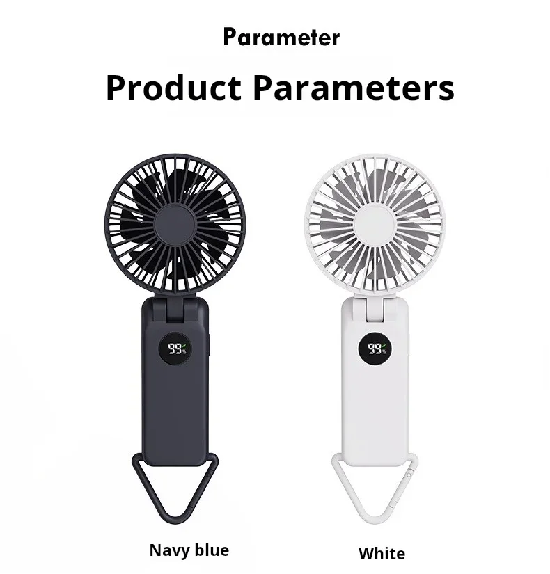 Foldable Handheld Fan with Carabiner Clip 90-Degree Folding Three Speeds LED Display 2000mAh Battery for Travel and Desk Use