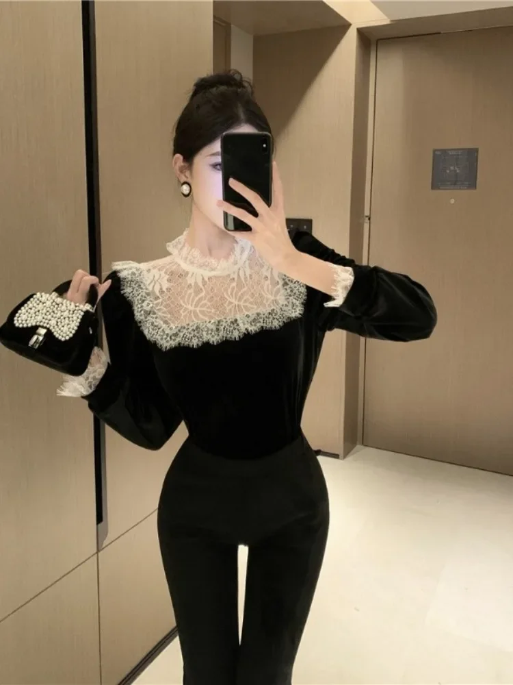 Ezgaga Elegant Shirts Women French Style Chic Lace Patchwork Velvet Stand Collar Long Sleeve Vintage Blouse Ladies Vintage Basic