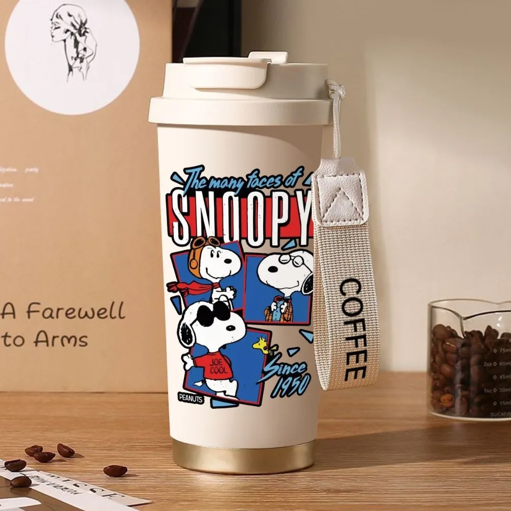 Taza Termo de dibujos animados de Snoopy para niños y niñas, taza de café frío de acero inoxidable de alto valor, tazas con pajita de gran capacidad para coche