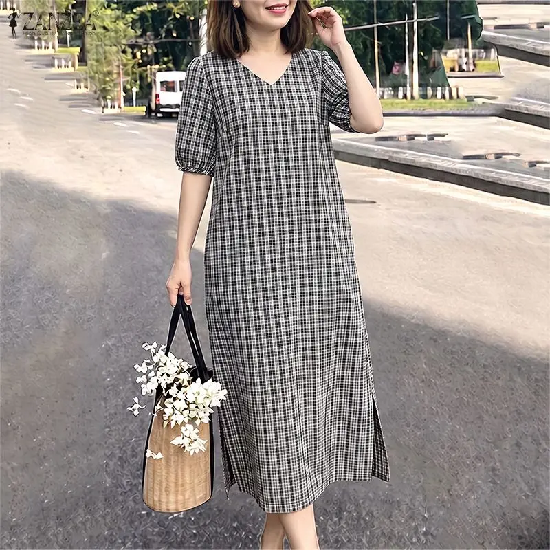 ZANZEA Women's Plaid Midi Dress Summer Casual V-Neck Half Sleeve Loose Checked Holiday Dresses Side Split Work Wear Robe Vestido