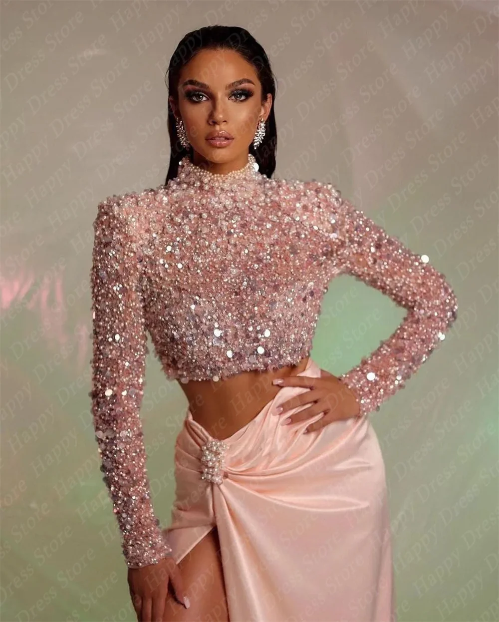 Vestido de baile de graduación rosa con lentejuelas brillantes, vestido de noche árabe de Dubái de dos piezas, vestido de fiesta de cuentas, vestido de cóctel de satén con abertura alta Sexy