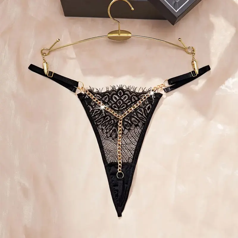 2024 New Sexy Solid Color Lace Metal Chain Thong Hot Low Waist Transparent Erotic Panties Women\'s Underwear Crotchless G-String